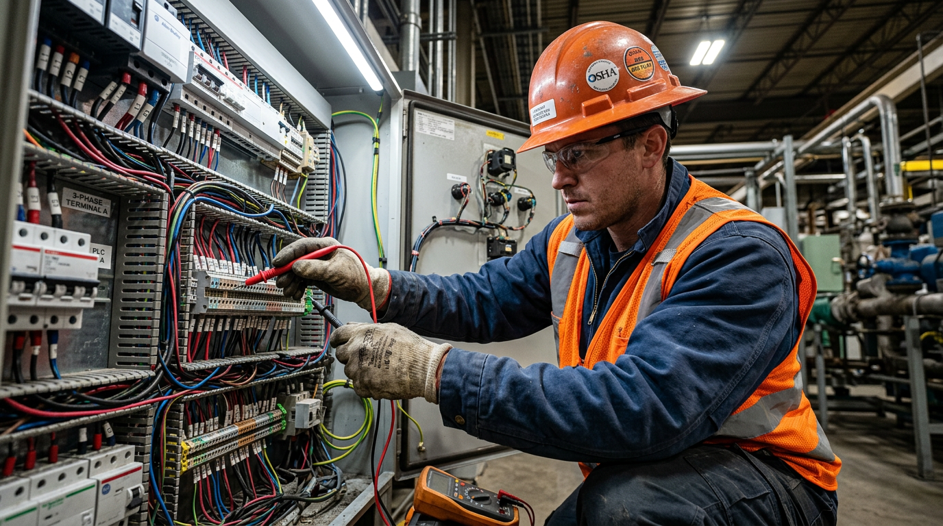 Engenheiro eletricista realizando manutenção em painel elétrico industrial